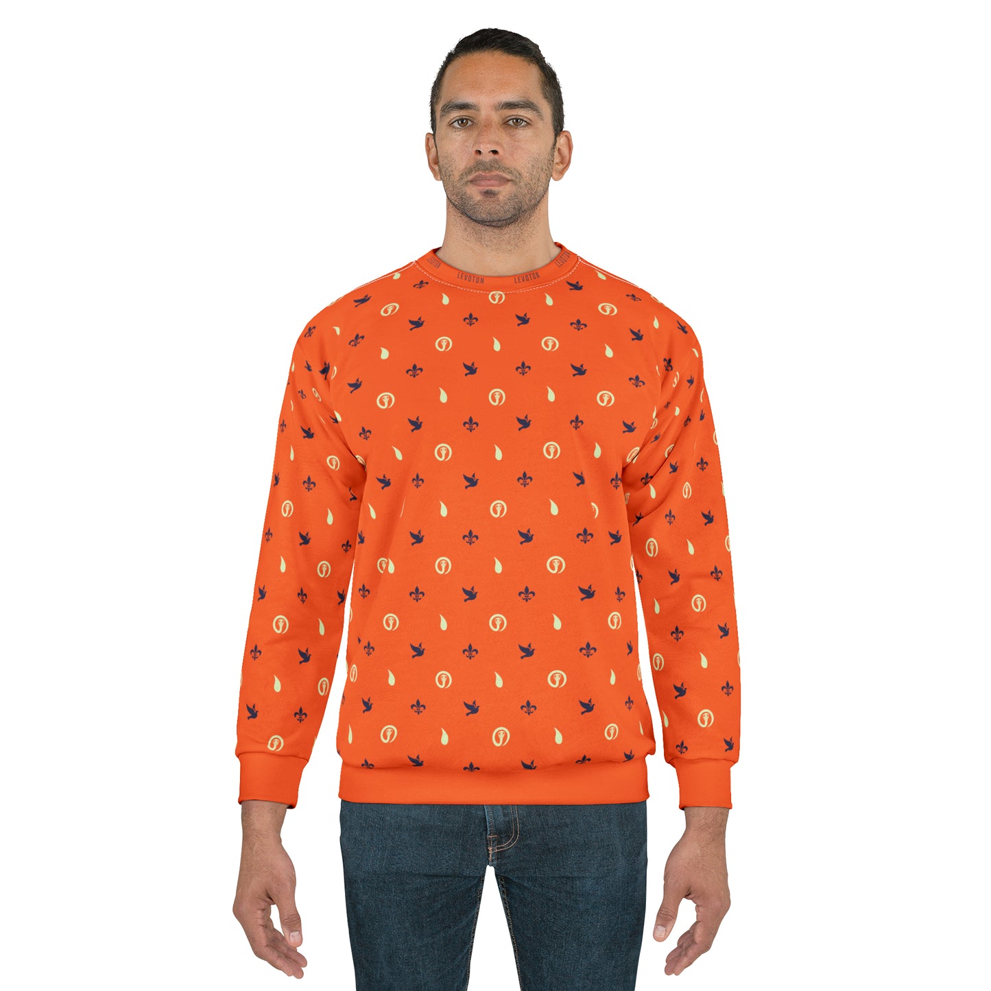 LEVOTON "Dualism" blue/white print on orange unisex sweatshirt