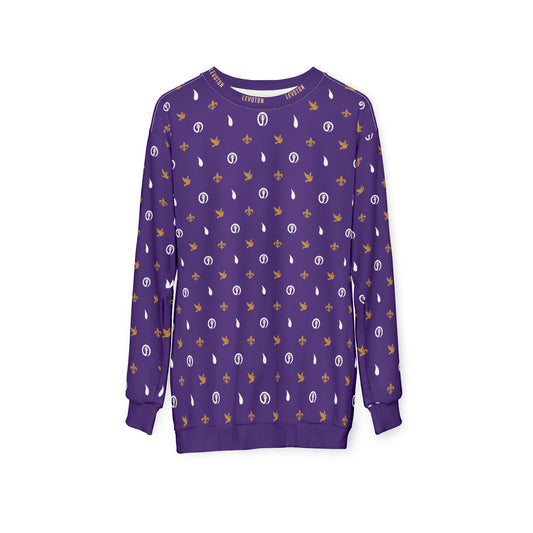 LEVOTON "Dualism" brown/white print on purple unisex sweatshirt