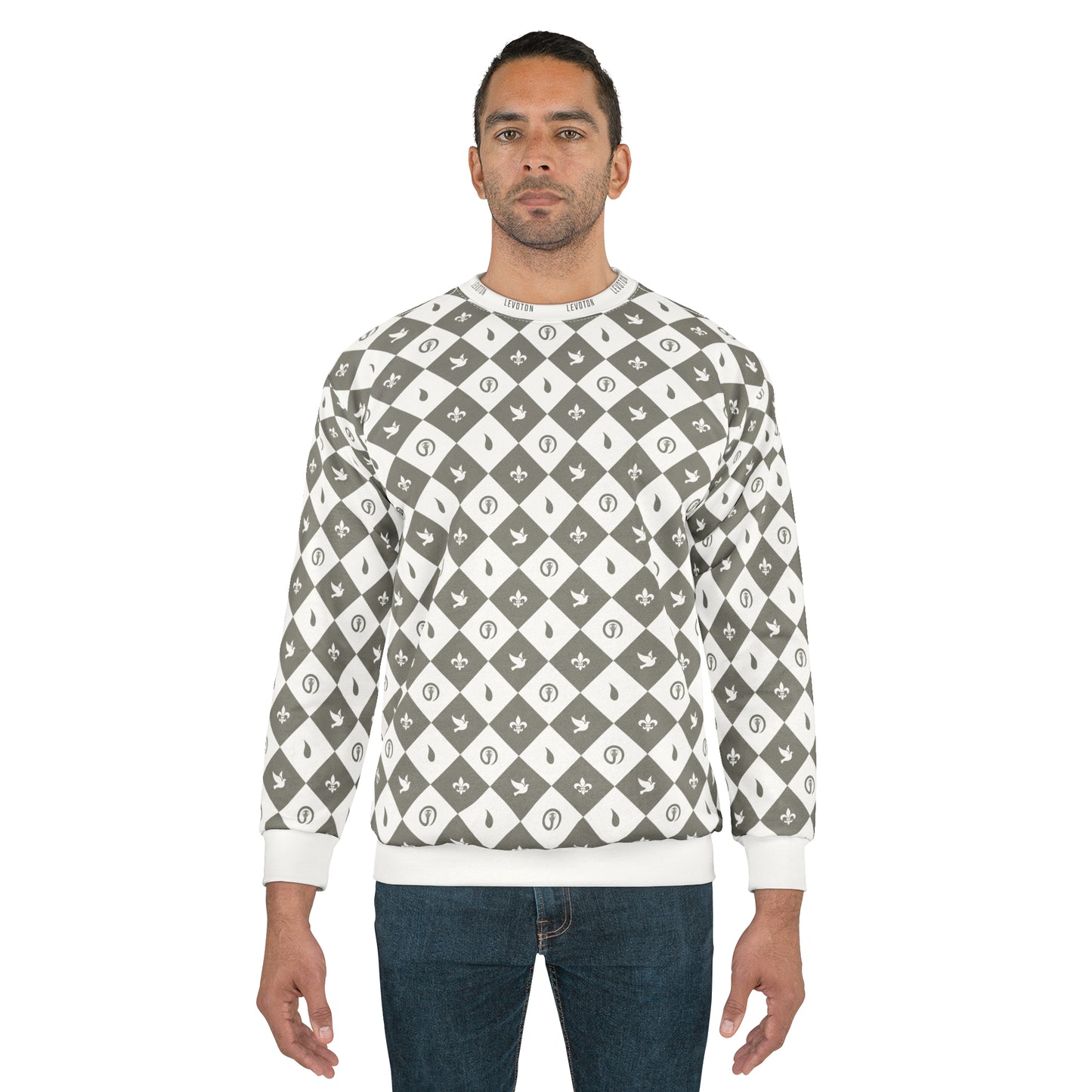 LEVOTON "Dualism" light grey argyle print on white unisex sweatshirt