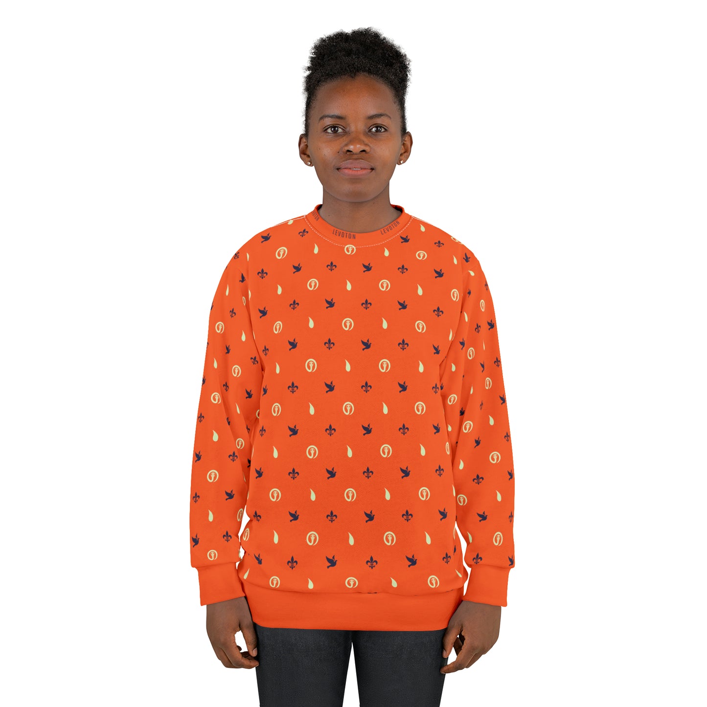 LEVOTON "Dualism" blue/white print on orange unisex sweatshirt