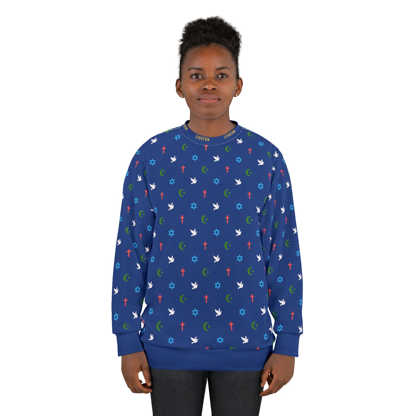 LEVOTON "Brotherhood" Dove of Peace print on dark blue unisex sweatshirt