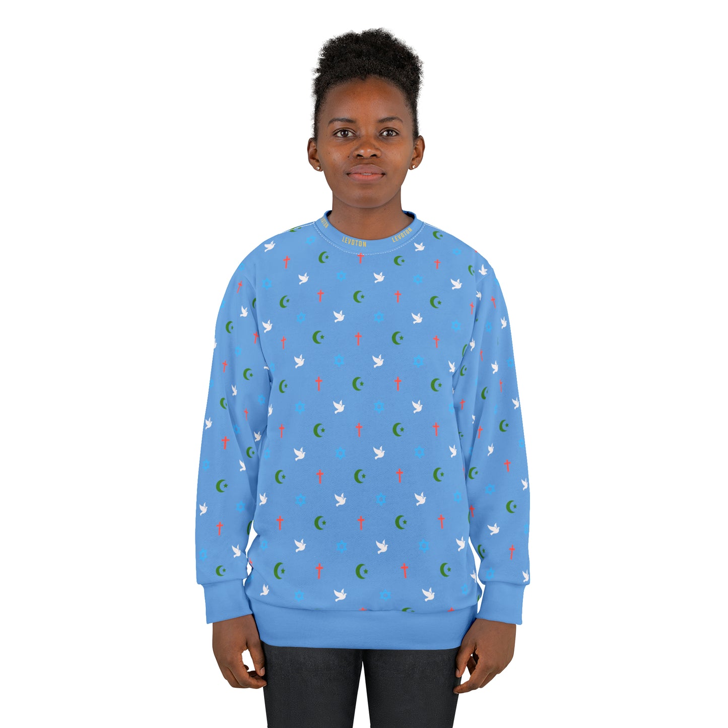 LEVOTON "Brotherhood" Dove of Peace print on light blue unisex sweatshirt