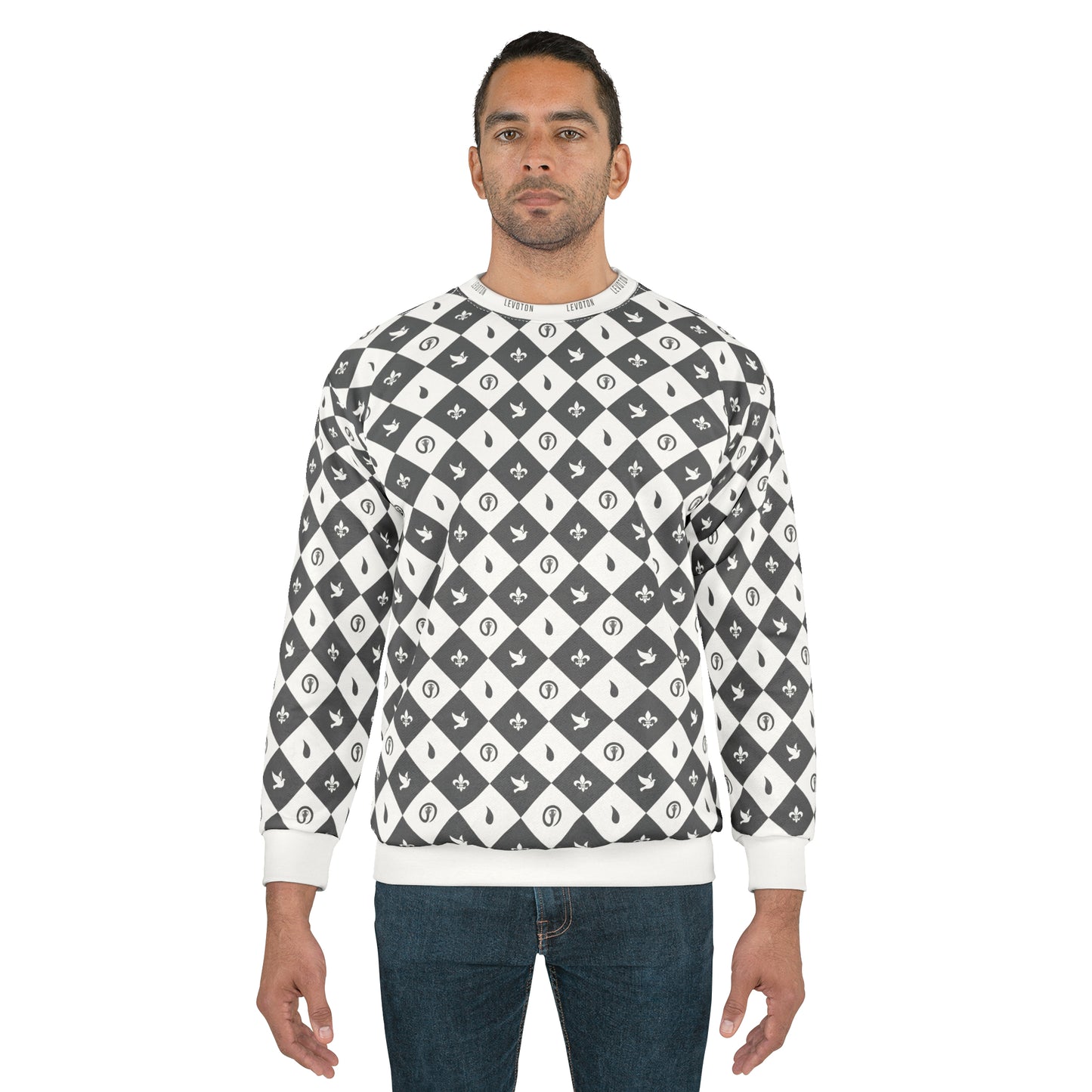 LEVOTON "Dualism" grey argyle print on white unisex sweatshirt