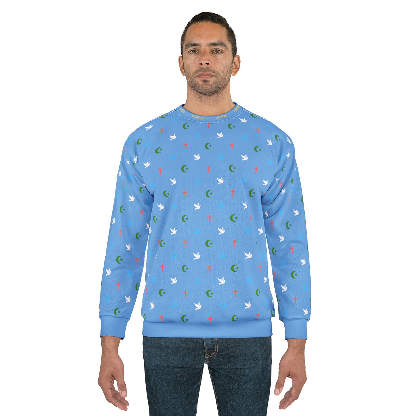 LEVOTON "Brotherhood" Dove of Peace print on light blue unisex sweatshirt