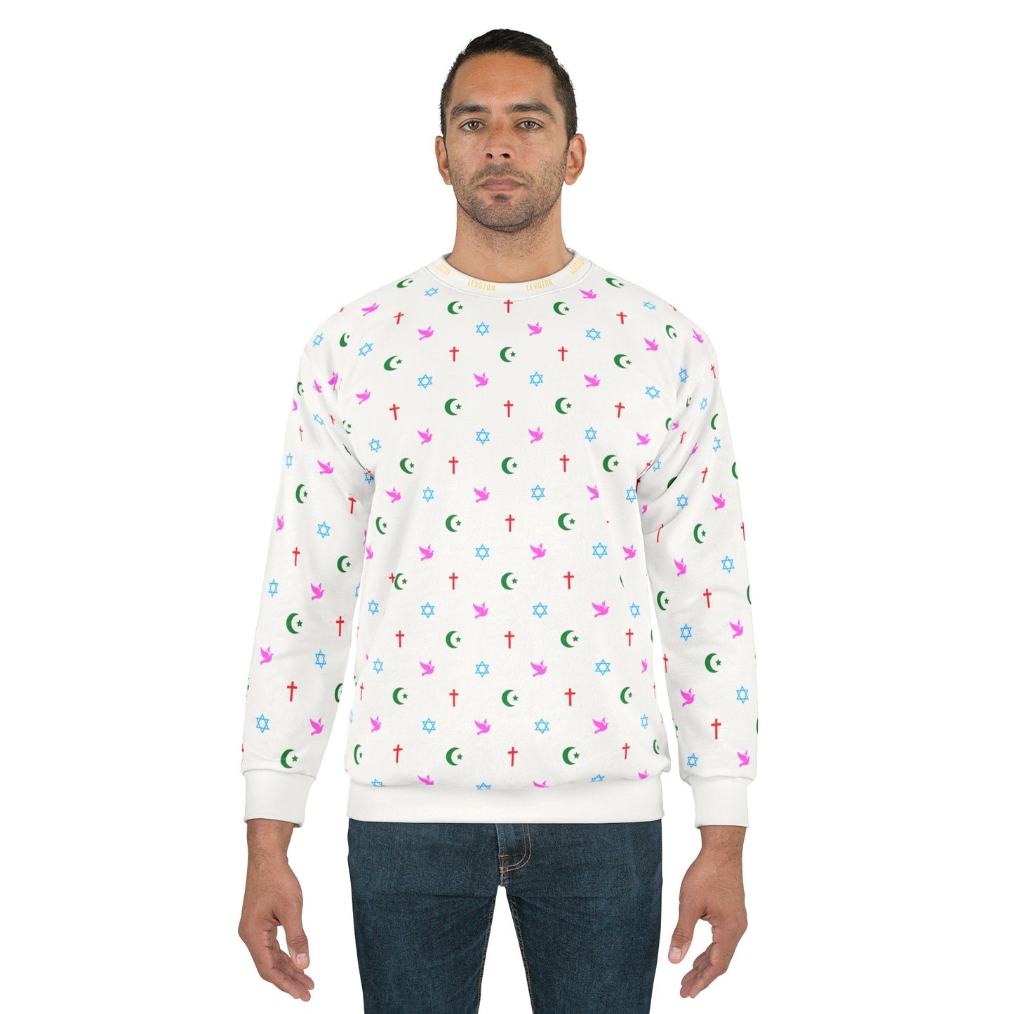 LEVOTON "Brotherhood" Dove of Peace print on white unisex sweatshirt