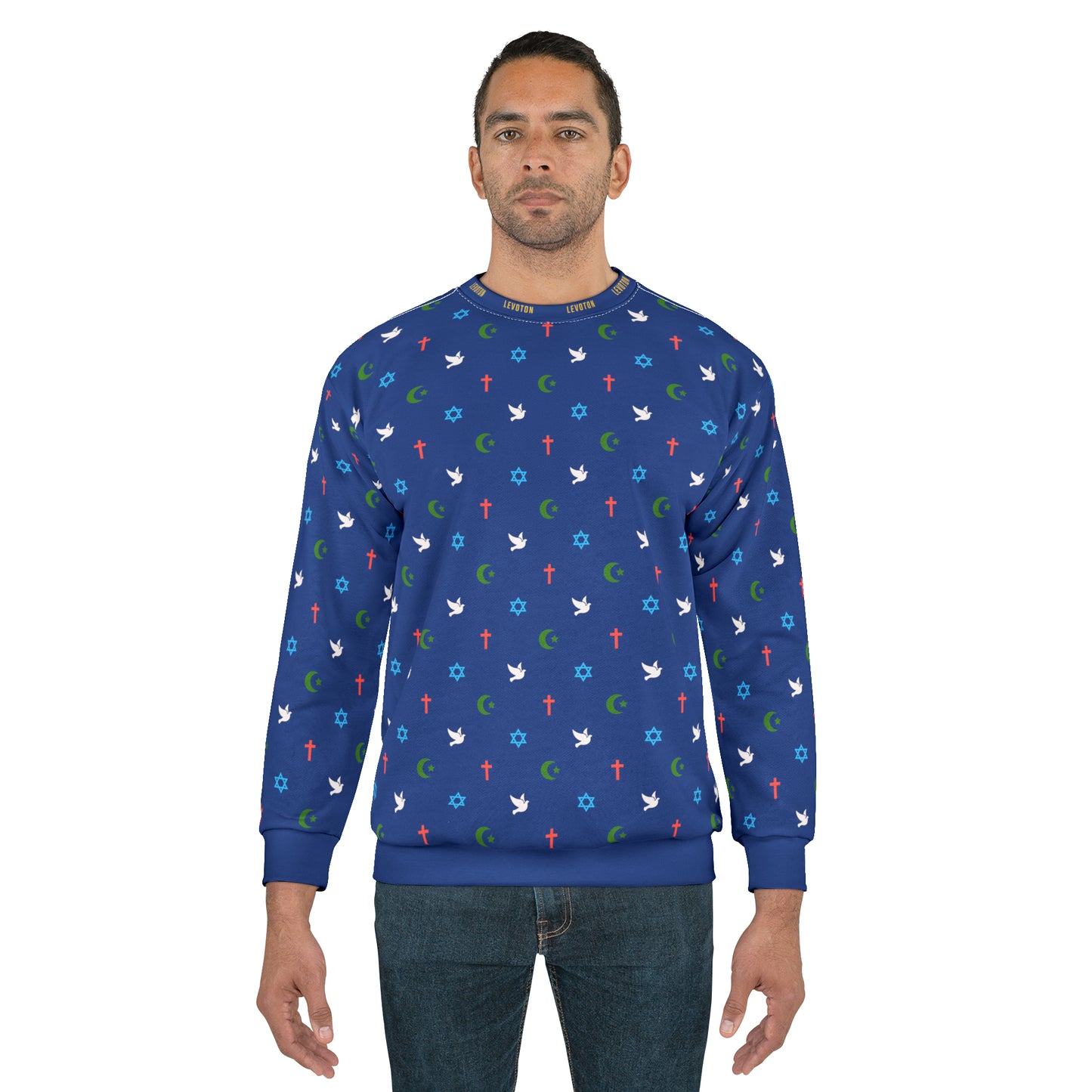 LEVOTON "Brotherhood" Dove of Peace print on dark blue unisex sweatshirt