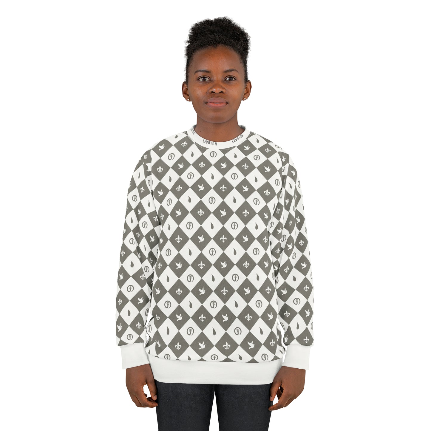 LEVOTON "Dualism" light grey argyle print on white unisex sweatshirt