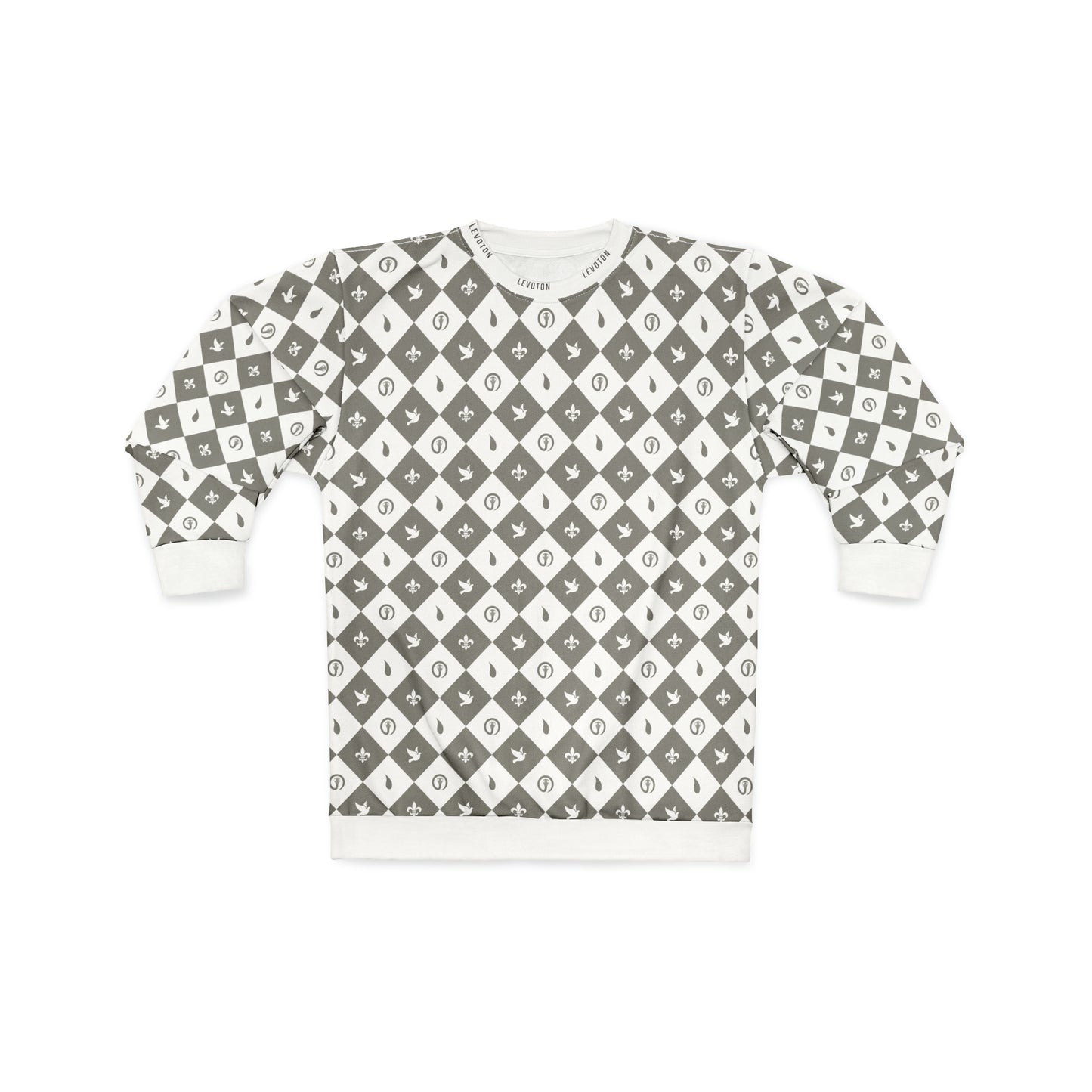 LEVOTON "Dualism" light grey argyle print on white unisex sweatshirt