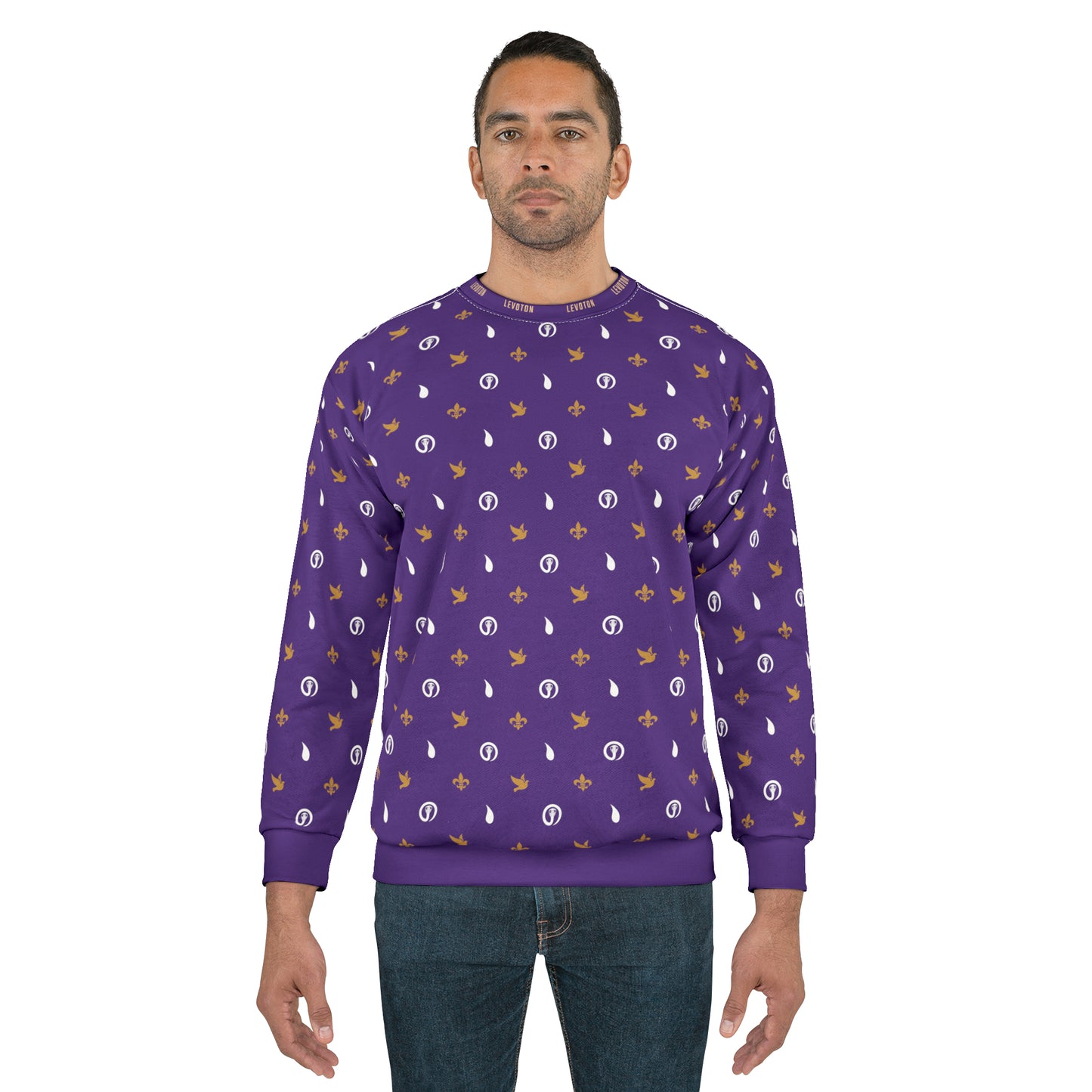 LEVOTON "Dualism" brown/white print on purple unisex sweatshirt