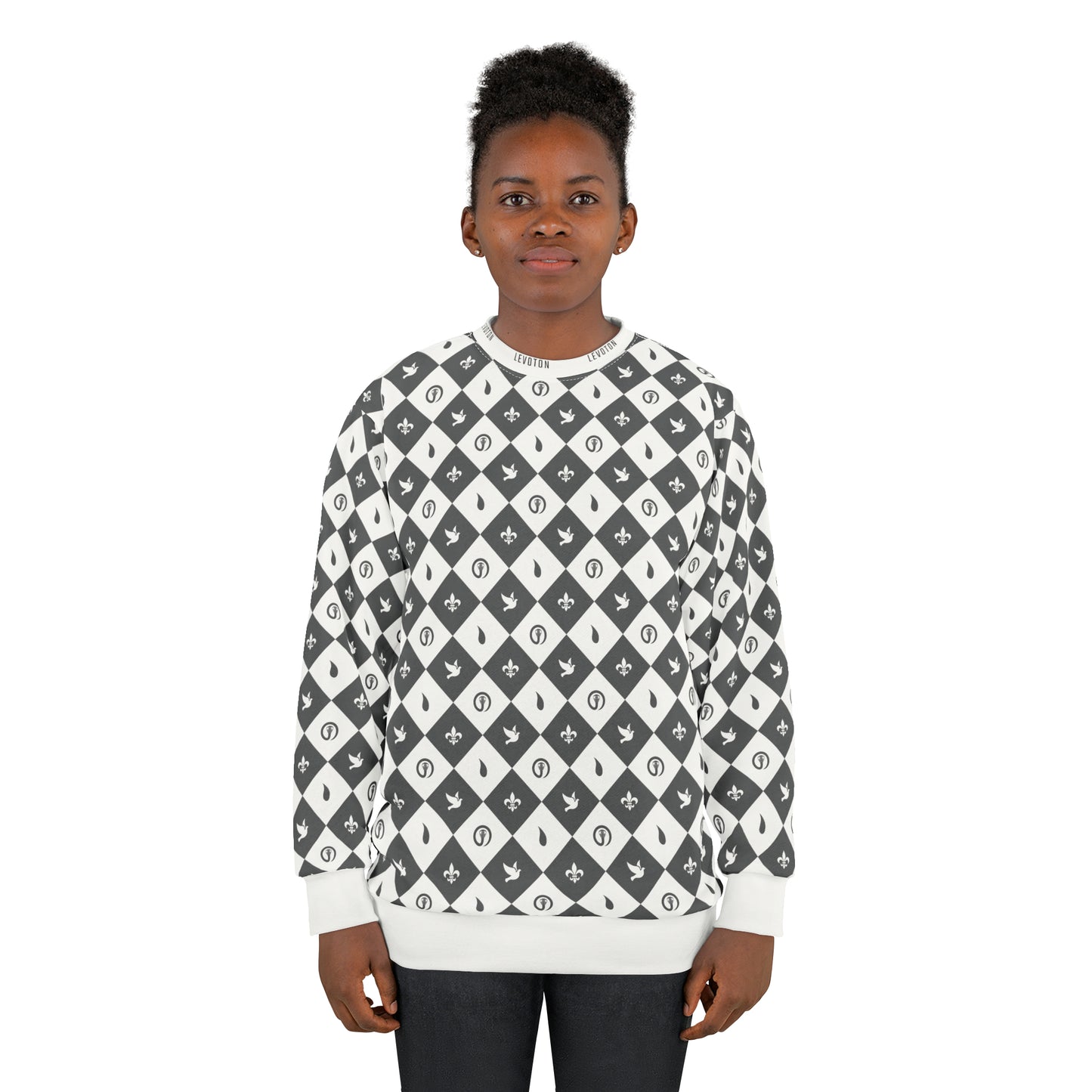 LEVOTON "Dualism" grey argyle print on white unisex sweatshirt