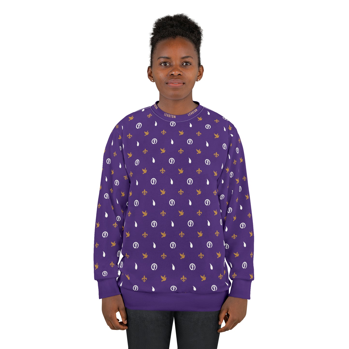 LEVOTON "Dualism" brown/white print on purple unisex sweatshirt