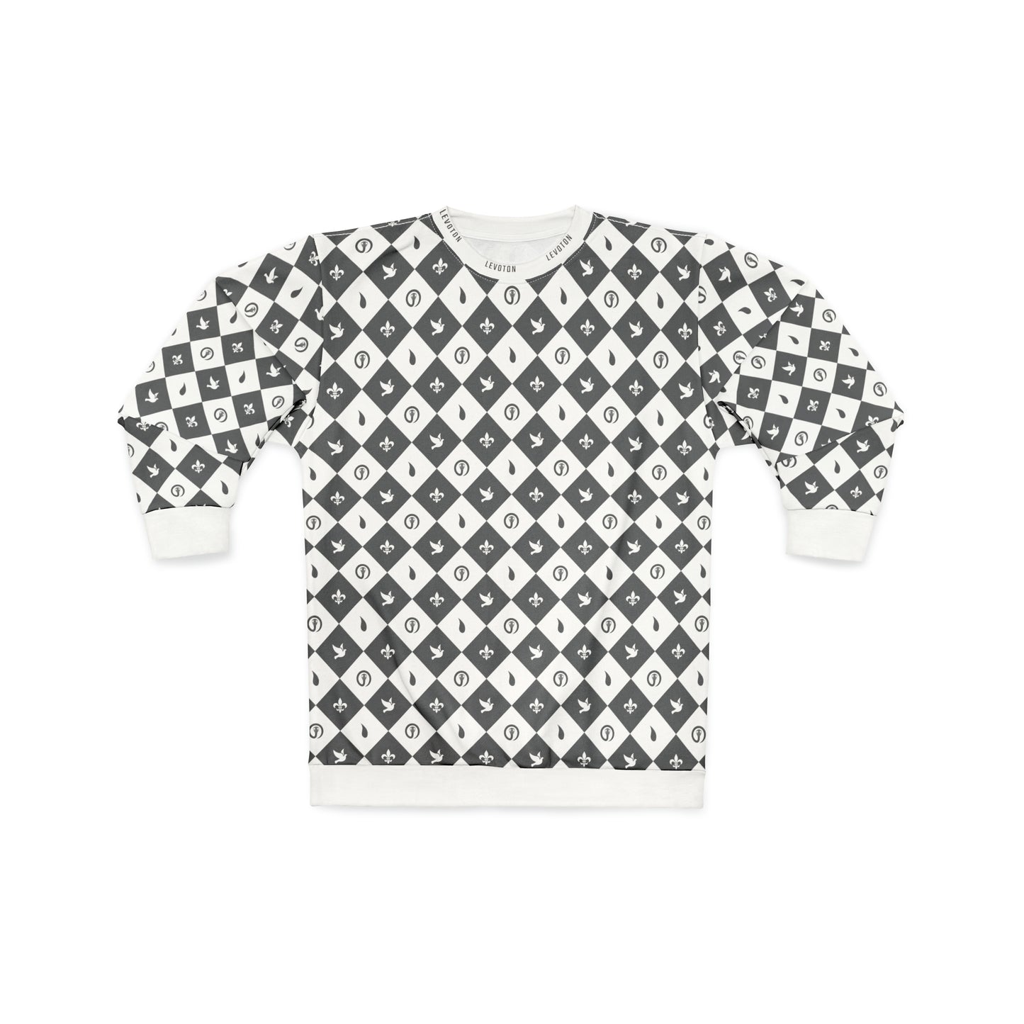 LEVOTON "Dualism" grey argyle print on white unisex sweatshirt