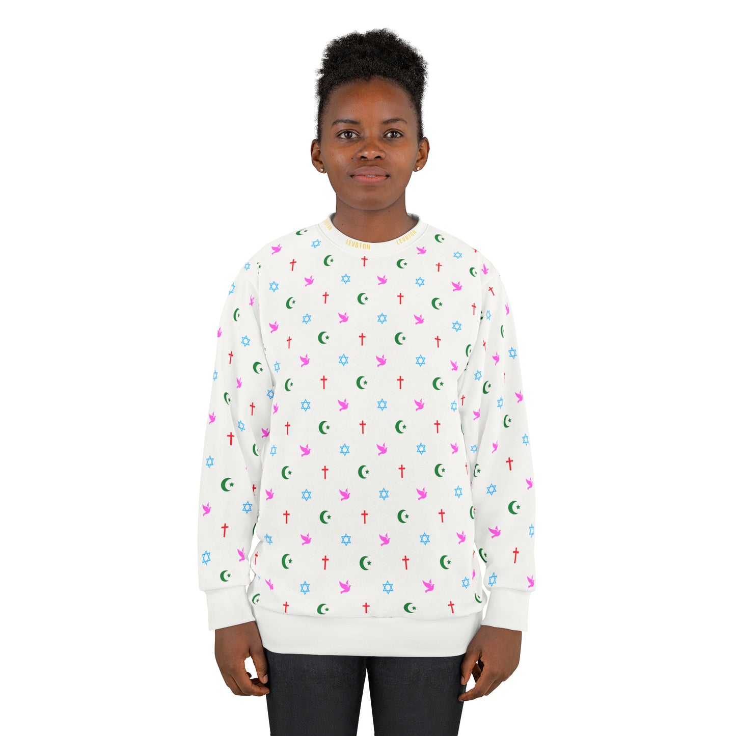 LEVOTON "Brotherhood" Dove of Peace print on white unisex sweatshirt